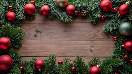 Festive Christmas Wooden Background, Red Ornaments & Green Pine Branches