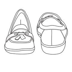 Women's Bubble Slip On Loafers Line art, Technical sketch hand drawing outline vector doodle front and rear view isolated on white background for coloring page
