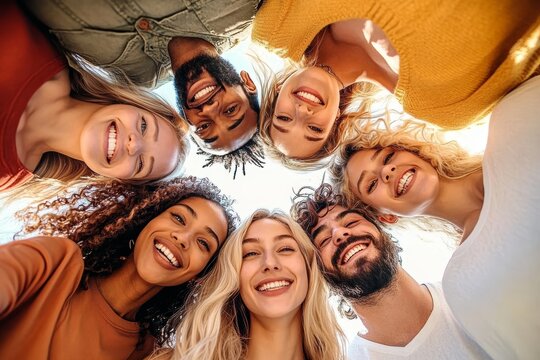 Diverse group of friends smiling together outdoors - Joyful young people enjoying time in nature - Friendship community happiness