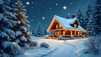 Fototapeta premium Magical Christmas Cabin, Snow, Lights, and Stars