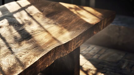 dynamic angle capturing the play of light and shadow along the textured surface of the wooden console table
