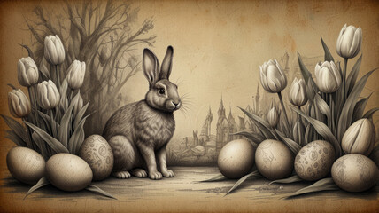 Festive Easter bunny sketch surrounded by colorful eggs and tulips on a vintage background.Festive seasonal Victorian style sketch for Easter holidays and spring theme decorations