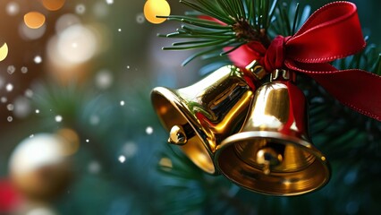 Close-up Golden Bells Christmas Tree Ornament Macro Photo