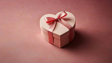 Gift in soft pink color heart shaped box tied with pink ribbon with a bow lies on a pink background. AI, Generation, Illustration.