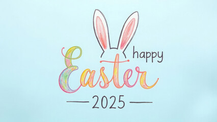 Obraz premium Easter poster, postcard. Center of banner reads “Happy Easter” and “2025” on pastel blue background. Easter bunny ears stick out behind inscription. Copy space