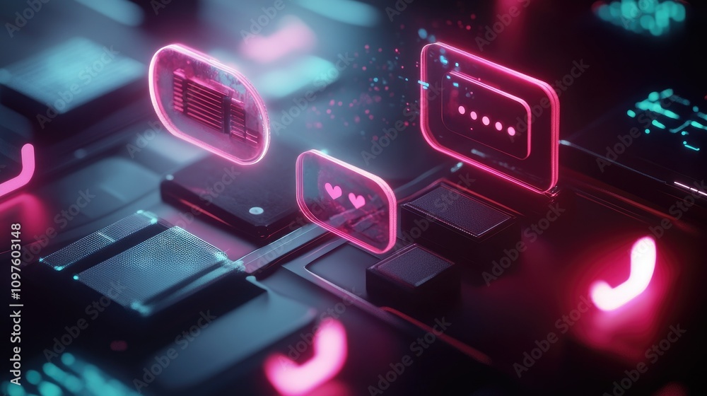 Aufkleber 3D digital icons representing AI-powered data chats, floating on a futuristic interface, symbolizing virtual assistant interactions.