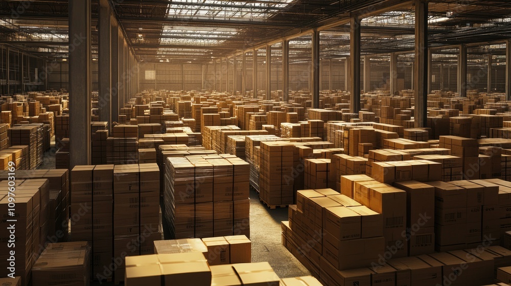 Poster A high-resolution image of a large warehouse packed with rows of cardboard boxes, emphasizing the logistics and storage aspect of the supply chain.