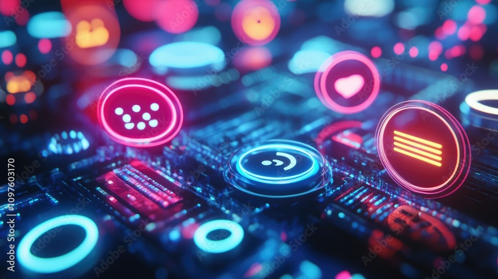 Poster 3D digital icons representing AI-powered data chats, floating on a futuristic interface, symbolizing virtual assistant interactions.