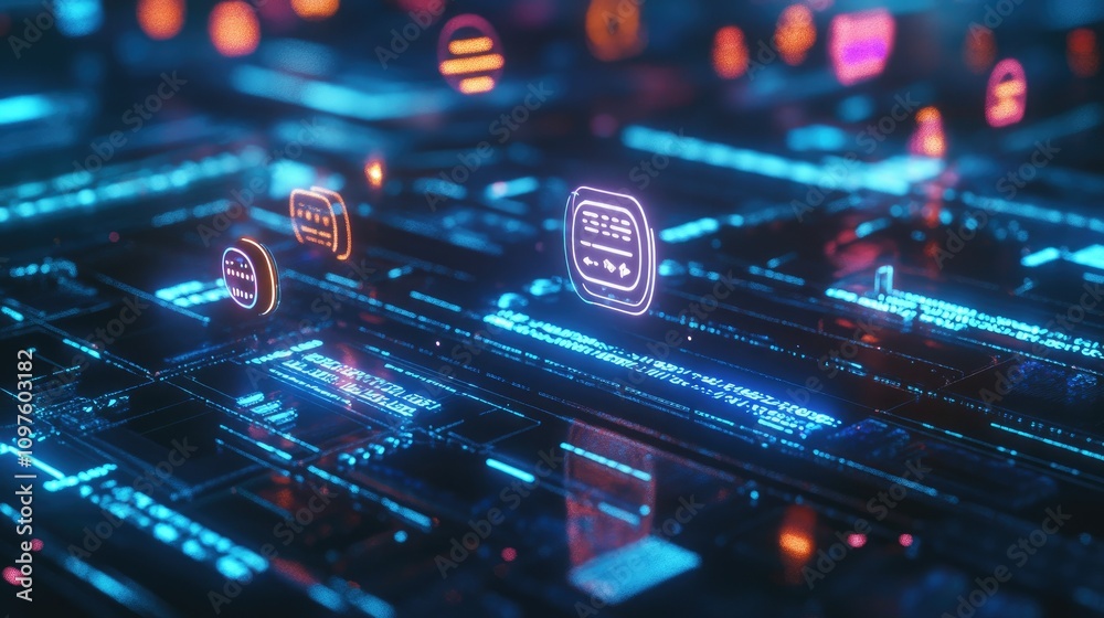 Aufkleber 3D digital icons representing AI-powered data chats, floating on a futuristic interface, symbolizing virtual assistant interactions.