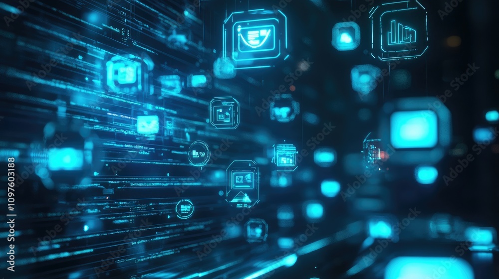 Aufkleber 3D digital icons representing AI-powered data chats, floating on a futuristic interface, symbolizing virtual assistant interactions.