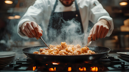 Close-up of a chef cooking pasta in a steaming pan over a flame. The scene captures the energy and precision of professional cooking in a busy kitchen environment.