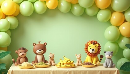 Obraz premium Adorable Jungle Animal Theme Baby Shower or Birthday Party Decoration with Pastel Balloons and Cute Figurines