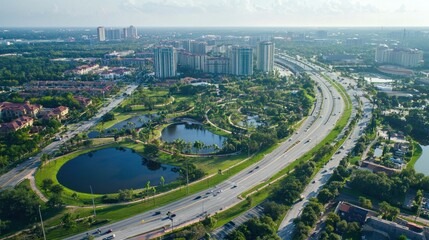 Obraz premium Aerial view of a city with roads, buildings, and parks