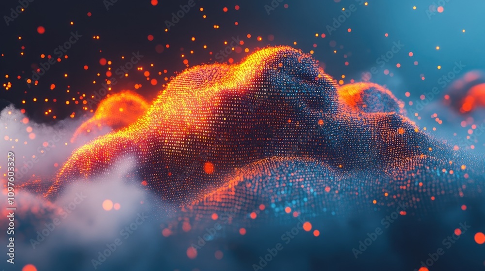 Fototapete A 3D data cloud filled with digital bits and flowing binary code, symbolizing the complexity and volume of modern data systems.