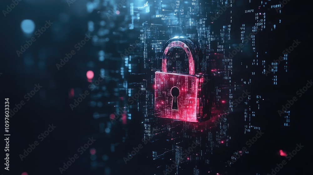 Poster A 3D digital lock against a dark background, symbolizing data privacy and cybersecurity with binary code flowing in the background.