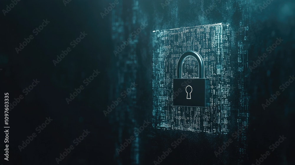 Aufkleber A 3D digital lock against a dark background, symbolizing data privacy and cybersecurity with binary code flowing in the background.