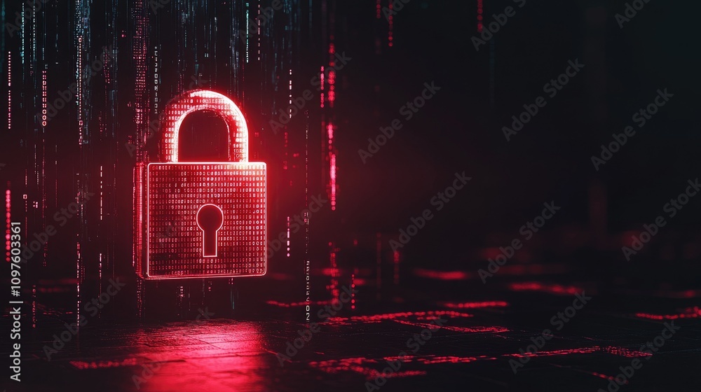 Fototapete A 3D digital lock against a dark background, symbolizing data privacy and cybersecurity with binary code flowing in the background.