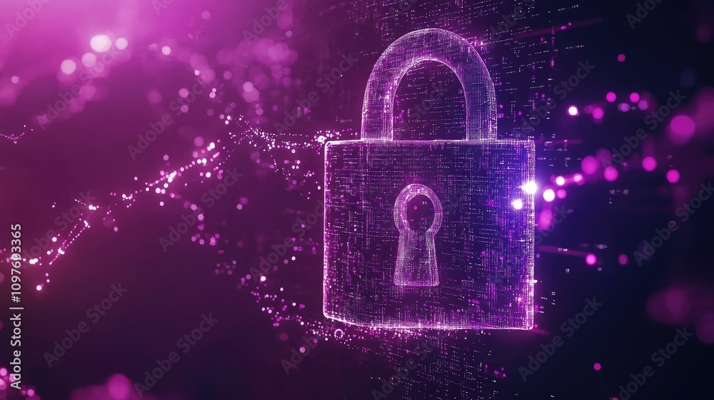 Poster A 3D digital lock against a dark background, symbolizing data privacy and cybersecurity with binary code flowing in the background.
