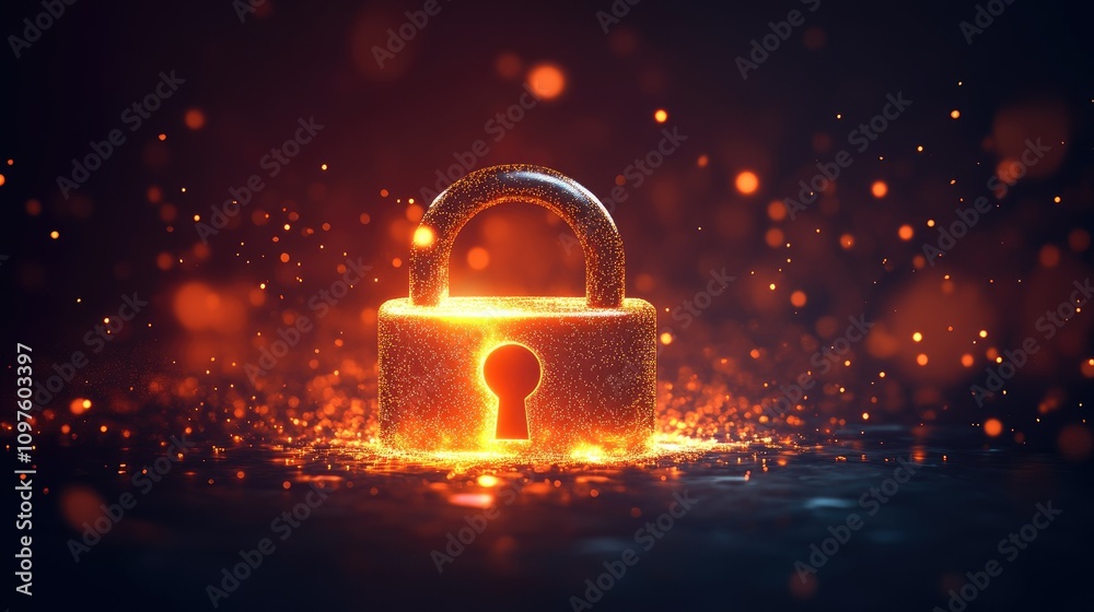 Poster a 3d digital lock surrounded by glowing data particles, representing online security and protection 