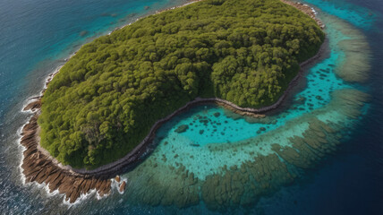 Fototapeta premium Top view of green island with clear blue water