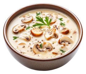 Creamy mushroom soup served in a brown bowl with herbs isolated on transparent background