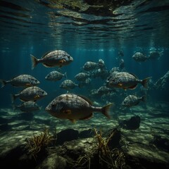 Obraz premium A group of piranhas swimming in dark, still waters with tree roots reaching in.