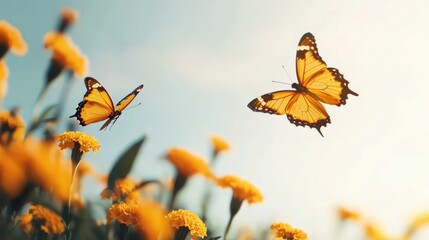 Two vibrant butterflies flutter among bright yellow flowers under a soft sky, creating a serene and picturesque nature scene.
