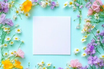 Obraz premium Spring Flower Frame with Pastel Flowers and White Card