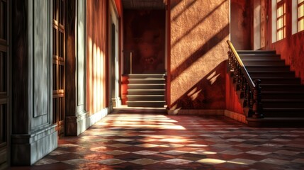 Fototapeta premium dynamic shot from the staircase, focusing on the interplay of light and shadow on the hallway's architecture