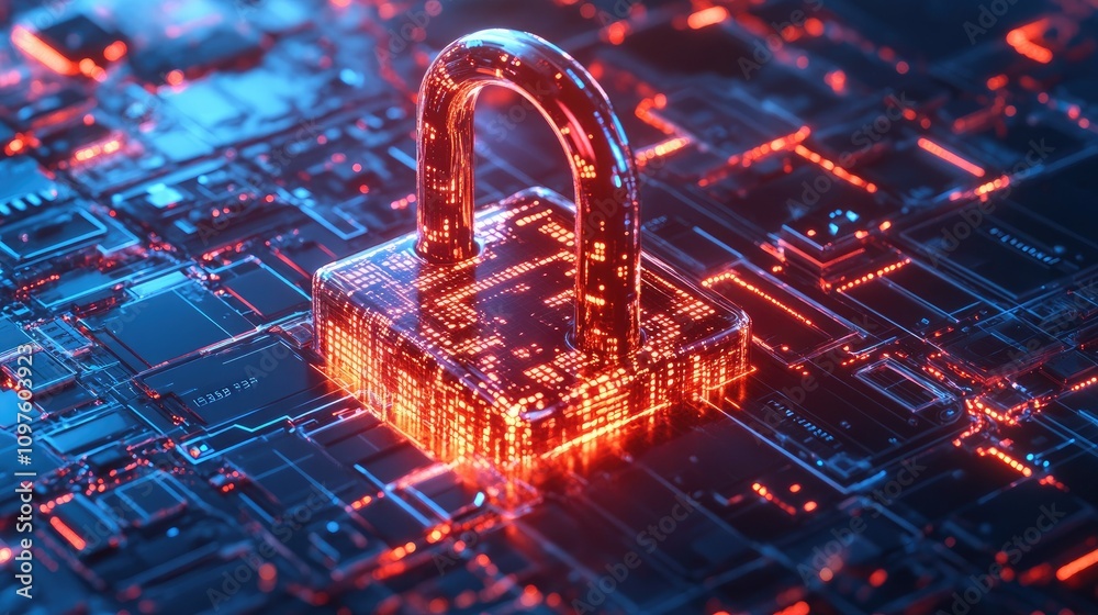 Poster A CGI 3D render of a digital lock and shield with flowing binary code, representing data privacy and cybersecurity against viruses.