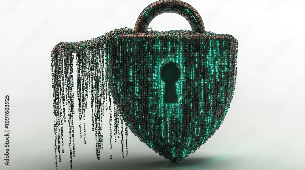 Poster A CGI 3D render of a digital lock and shield with flowing binary code, representing data privacy and cybersecurity against viruses.