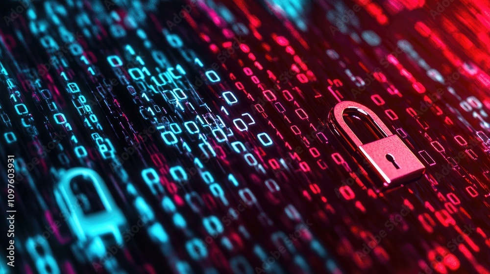 Poster A CGI 3D render of a digital lock and shield with flowing binary code, representing data privacy and cybersecurity against viruses.