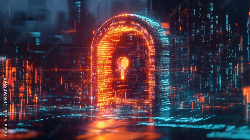 Aufkleber A CGI 3D render of a digital lock and shield with flowing binary code, representing data privacy and cybersecurity against viruses.
