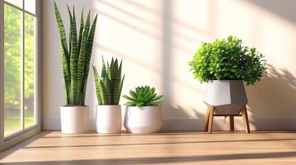 Indoor Tropical House Plants Arrangement in Sunlit Room with Wooden Table and White Ceramic Pots