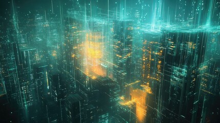 A cityscape with glowing data streams above the buildings, illustrating how data flows through a modern urban environment.