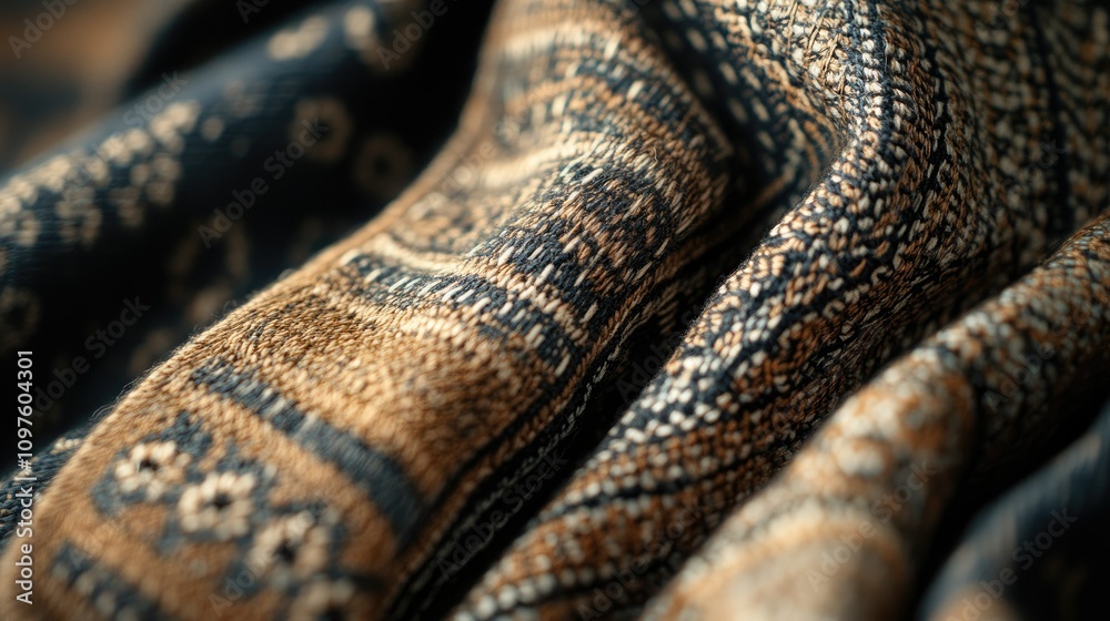 Aufkleber A close-up of handwoven fabric with traditional patterns, displaying the fine details of each thread and texture, captured in 8K resolution.