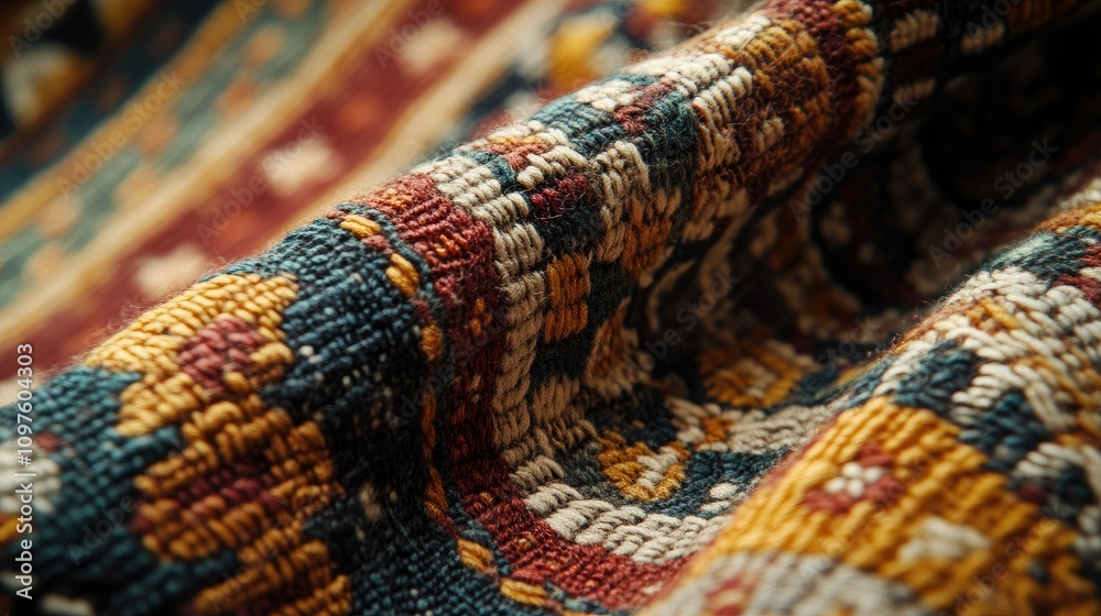 Aufkleber A close-up of handwoven fabric with traditional patterns, displaying the fine details of each thread and texture, captured in 8K resolution.