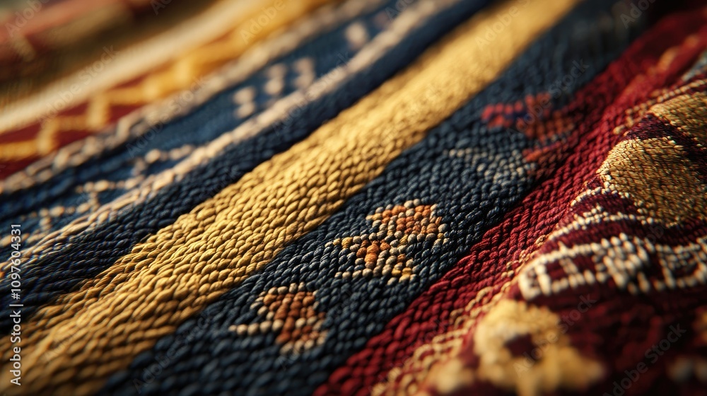 Poster A close-up of handwoven fabric with traditional patterns, displaying the fine details of each thread and texture, captured in 8K resolution.