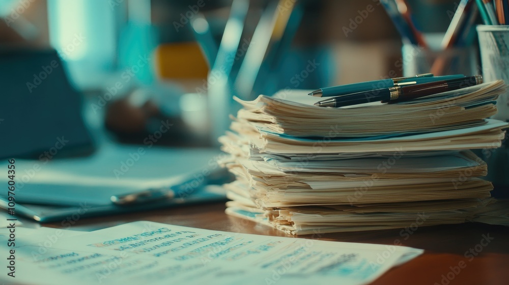 Poster a close-up of homework assignments stacked on a teacher's desk, with pens and paper scattered around