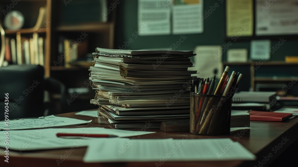 Poster a close-up of homework assignments stacked on a teacher's desk, with pens and paper scattered around