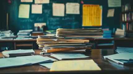Obraz premium A close-up view of a teacher's desk covered with piles of homework papers, illustrating the academic focus and organization of a classroom.