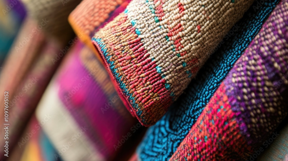 Poster a detailed shot of a vibrant handwoven textile, showcasing the intricate patterns and textures that 