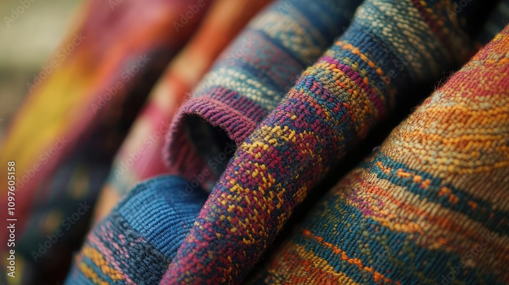 Poster a detailed shot of a vibrant handwoven textile, showcasing the intricate patterns and textures that 