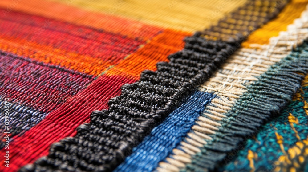 Poster a detailed shot of a vibrant handwoven textile, showcasing the intricate patterns and textures that 