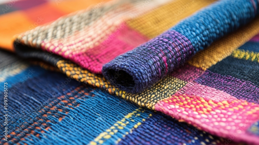 Poster a detailed shot of a vibrant handwoven textile, showcasing the intricate patterns and textures that 
