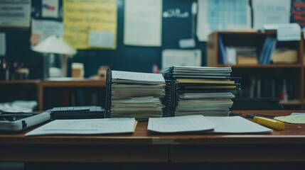 Obraz premium A detailed shot of a teacher's desk with a pile of stacked homework assignments, showing the everyday routine of academic work in a school setting.