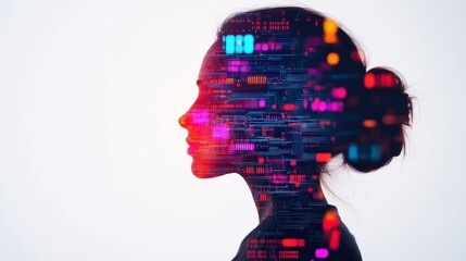 Silhouette of a young woman overlaid with digital data elements against a light background.