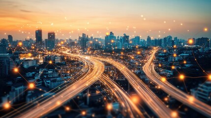 A digital city filled with glowing data streams, symbolizing the integration of technology and data systems in future cities.