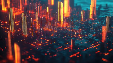 A digital cityscape with glowing data points, representing the intersection of urban development and data-driven technology.