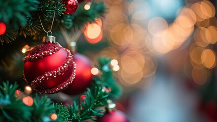 Obraz premium Close-up Red & Green Christmas Ornaments, Festive Blurred Lights